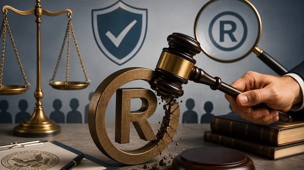 Judge's gavel striking a registered trademark symbol beside legal scales and documents, representing trademark cancellation or revocation disputes.